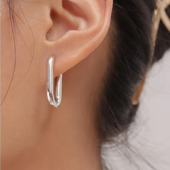 Anthropologie Silver Hoop Earrings Minimalist Design - Picture 1 of 4